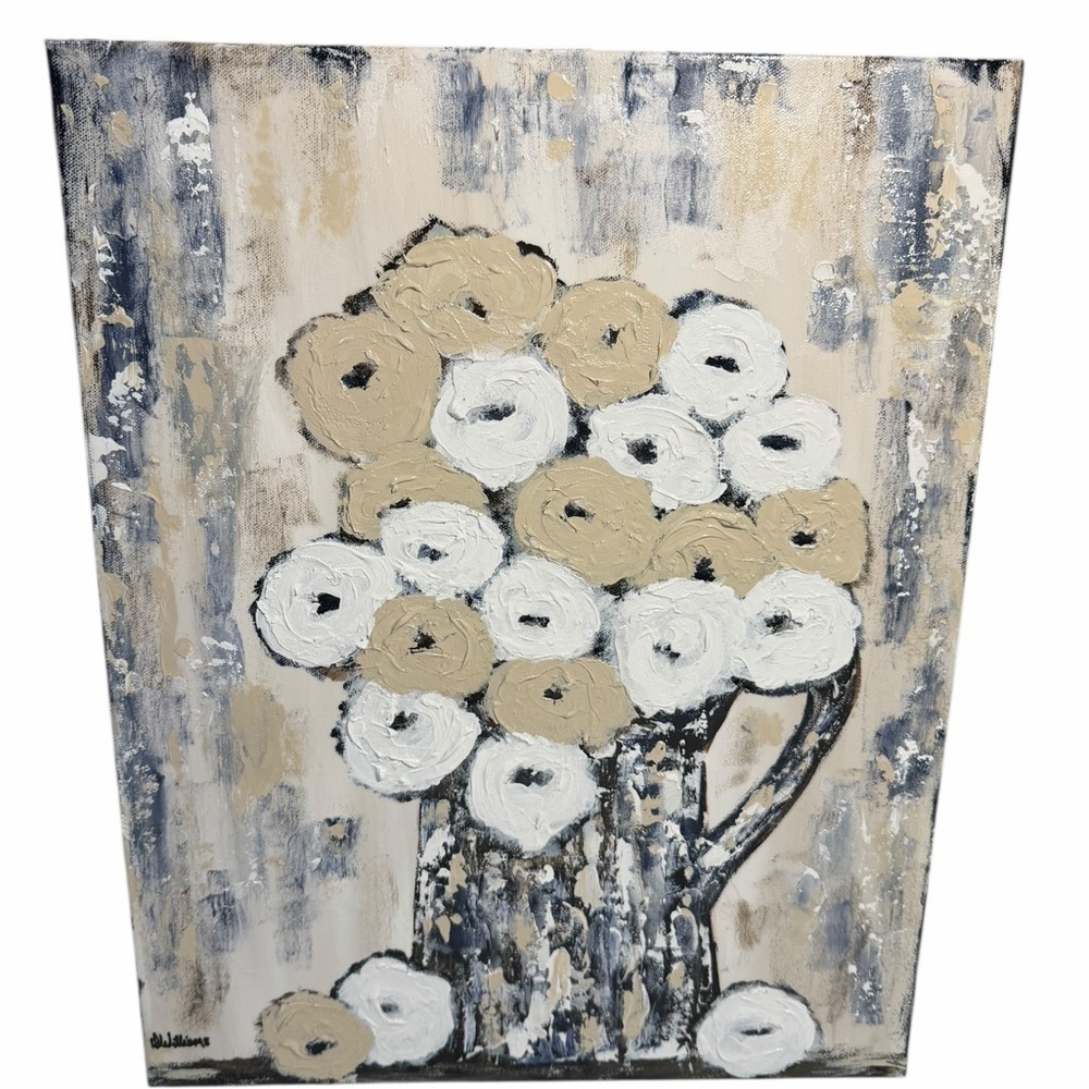 Original Artwork Acrylic on Canvas Abstract Florals White and Cream 16 x 20"